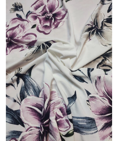 Elastyczna dzianina Jersey ze wzorem - fioletowe magnolie